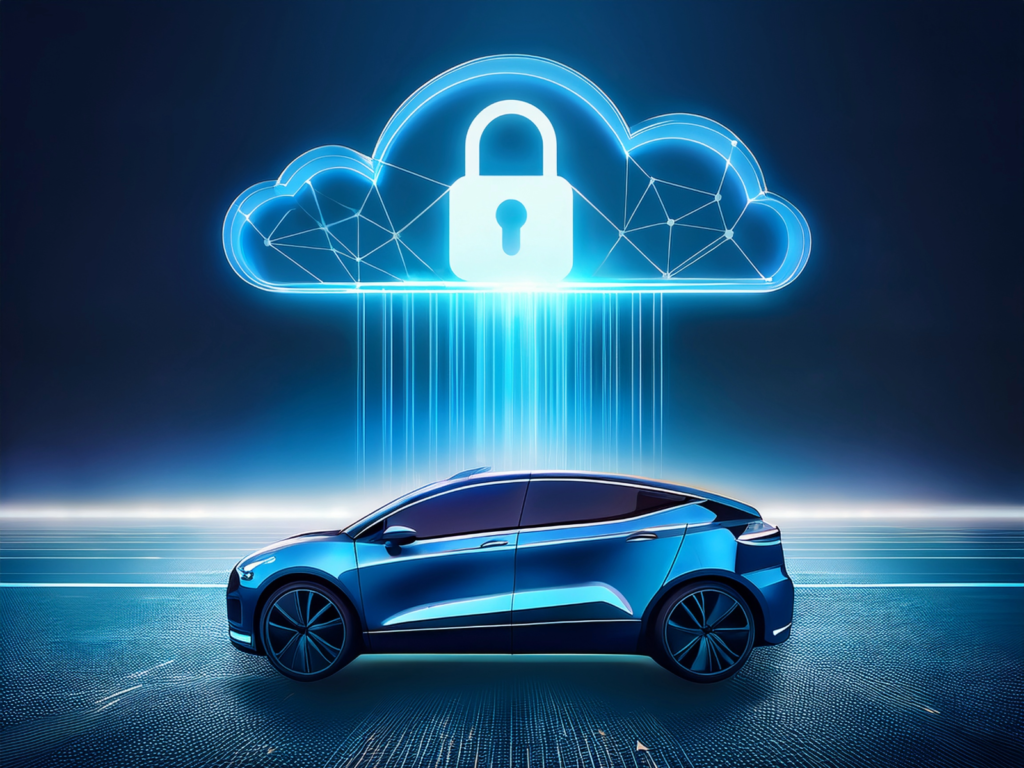 Futuristic electric vehicle beneath a glowing cloud with a padlock symbol, representing secure over-the-air (OTA) automotive software updates and cloud-based cybersecurity.